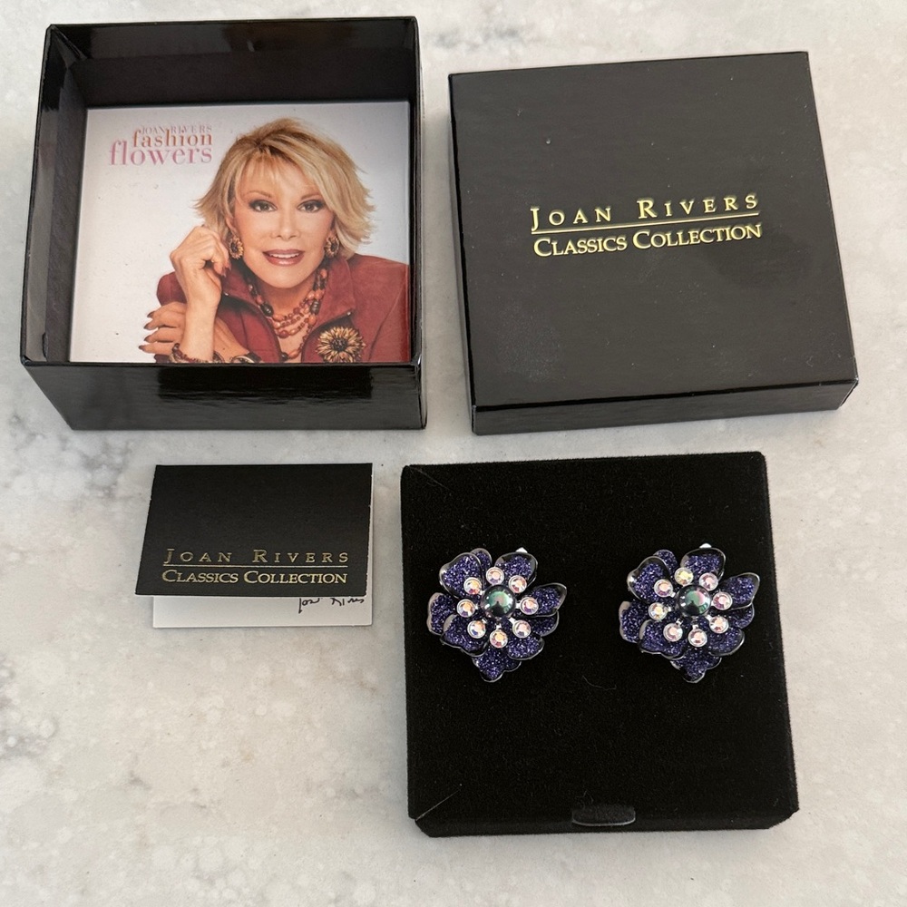 Joan Rivers Navy Purple Floral Crystal Earrings for pierced ears.